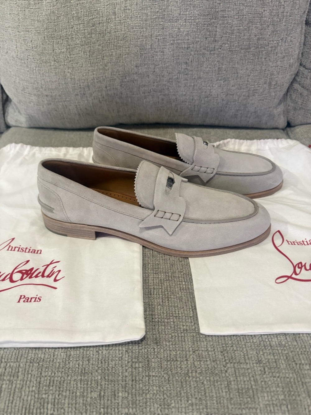 NEW Christian Louboutin Men’s Suede Penny Loafers in Light Grey Size 13